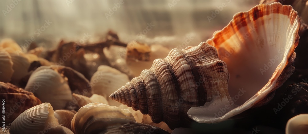 Poster Close up of a beautifully textured seashell surrounded by a diverse collection of seashells on a sandy beach setting