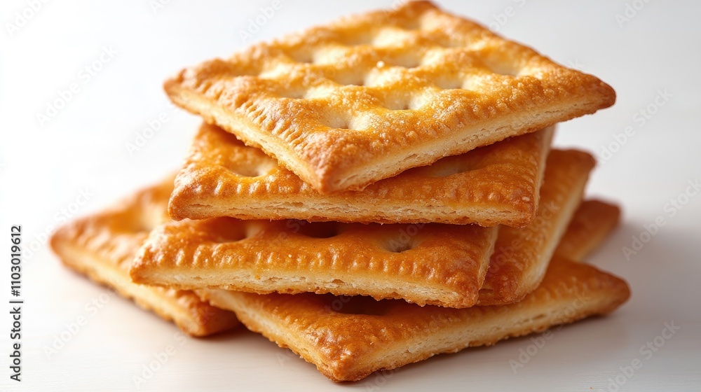 Aufkleber crispy golden wheat crackers stacked on a clean white background showcasing texture and deliciousnes