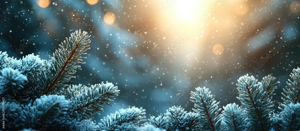 Poster Snow-covered spruce branches with a blurred bokeh background creating a serene winter atmosphere ideal for seasonal designs and copyspace.