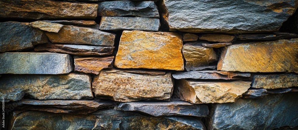 Poster textured stone wall with various shaped and colored stones creating a natural rustic background for 