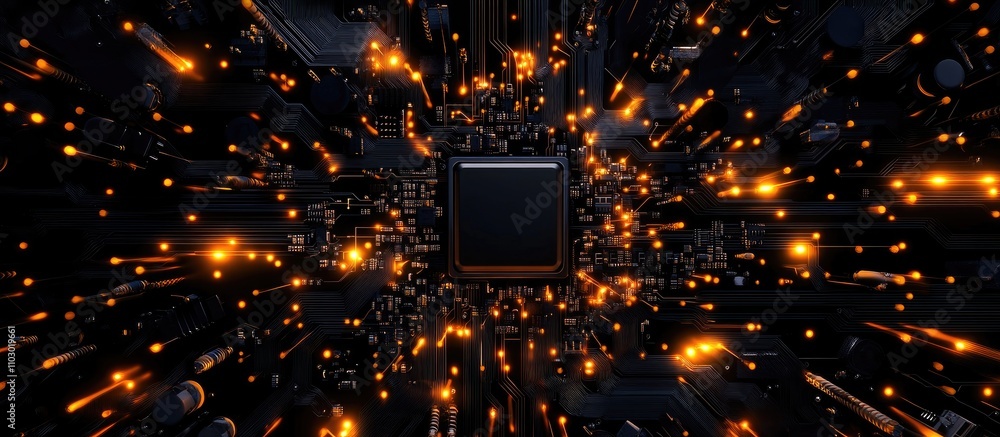 Poster Abstract technology backdrop with vibrant circuit board highlighting microchips and electronic components in a digital electronics theme