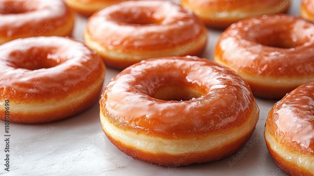 Aufkleber Assorted fresh glazed donuts arranged on a white surface viewed from above creating a delicious and inviting dessert scene