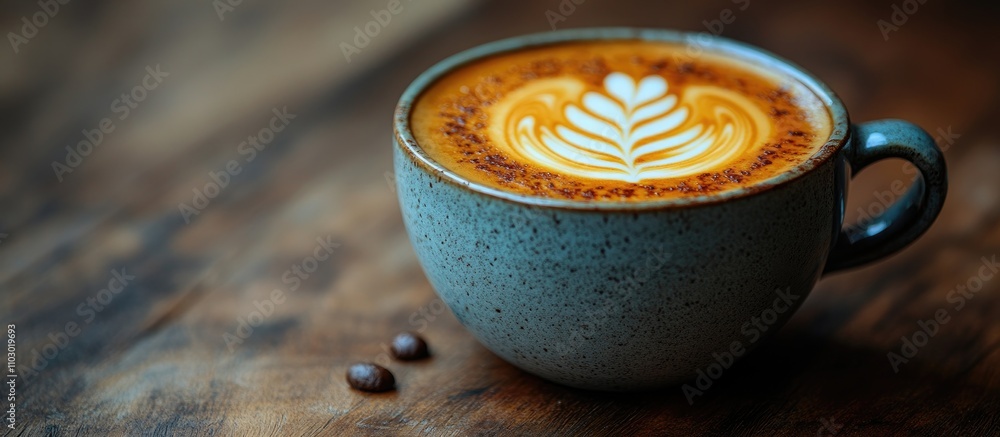 Aufkleber cappuccino in a grey cup with latte art on a wooden surface illuminated by morning light and soft fo