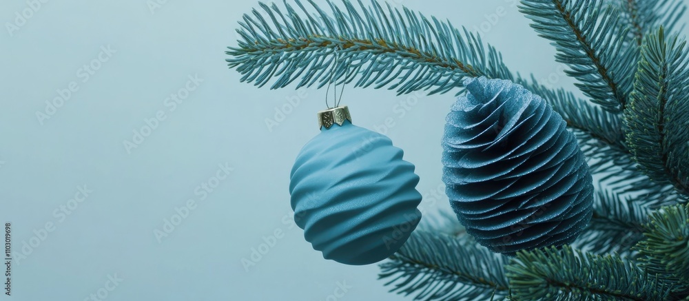 Aufkleber blue holiday ornaments on a green spruce branch against a light backdrop creating a serene and festi