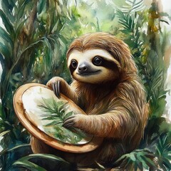 Obraz premium A playful sloth holding a plate with leaves, surrounded by lush greenery in a vibrant jungle.