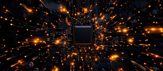 Abstract technology backdrop with vibrant circuit board highlighting microchips and electronic components in a digital electronics theme