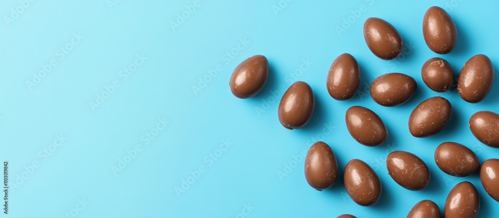 Aufkleber chocolate eggs on a blue background arranged artistically with ample negative space for promotional 