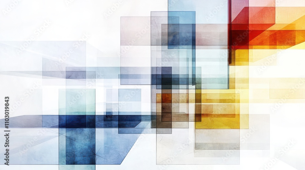 Poster creating a modern abstract composition of transparent squares in a contemporary space for visual imp
