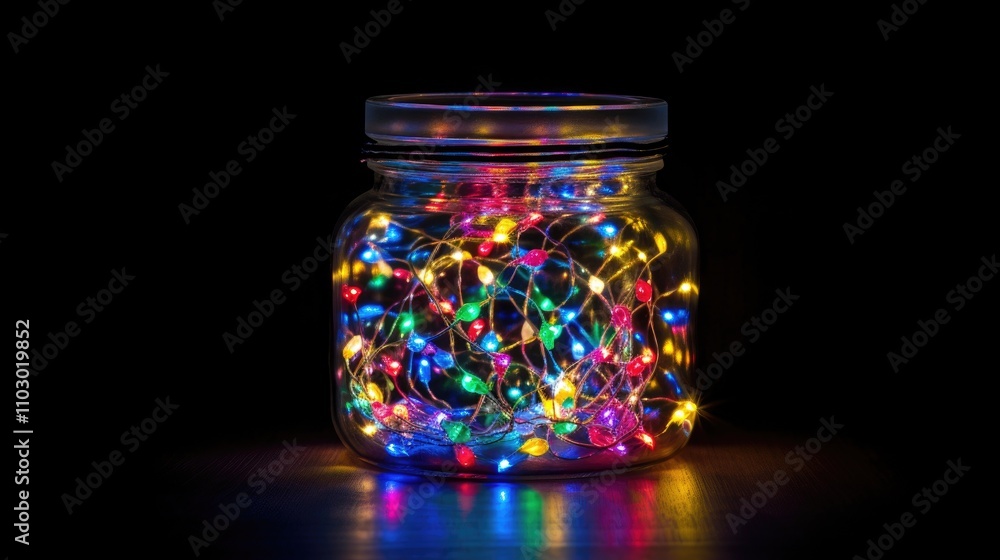 Poster colorful illuminated fairy lights inside a glass jar creating a vibrant display against a dark backg