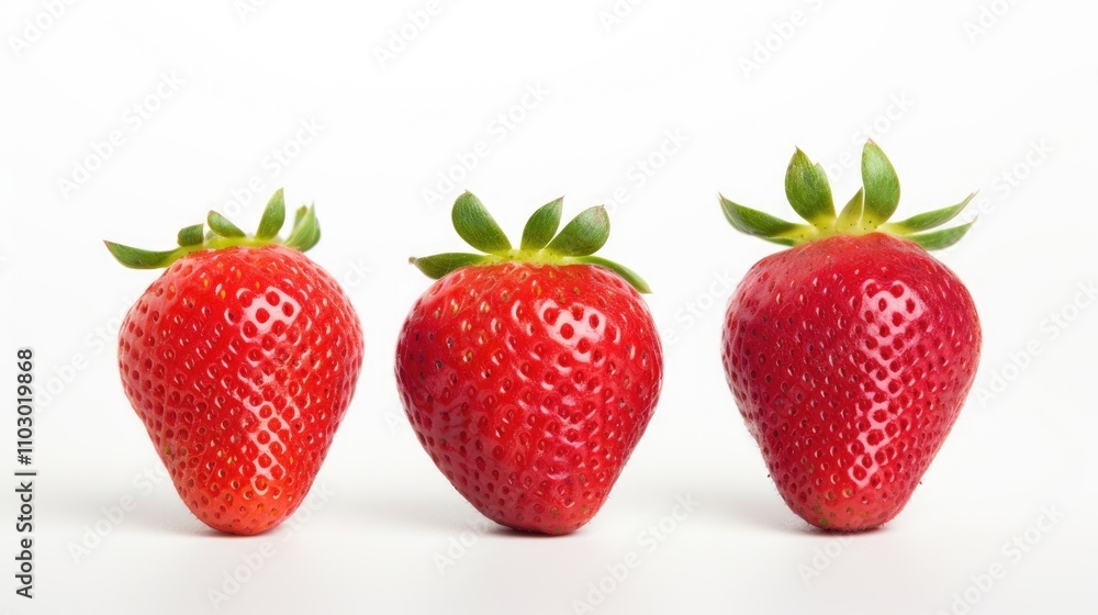 Poster fresh strawberries arranged in a row on a white background showcasing their vibrant color and textur