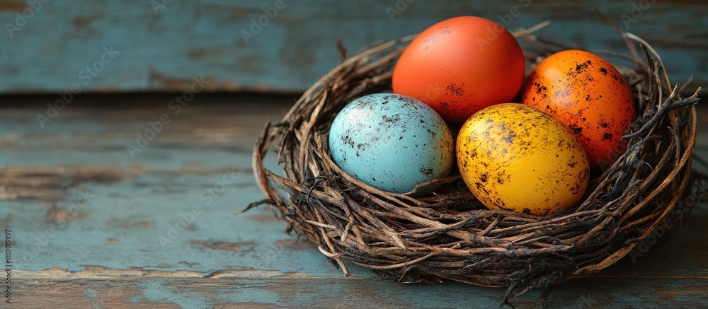 Aufkleber vibrant colored eggs in a rustic nest on distressed wooden background top view for easter or spring 