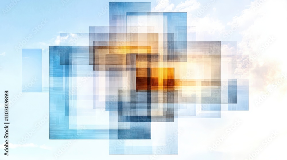 Poster creating modern abstract compositions with transparent squares in a cool environment for artistic ex