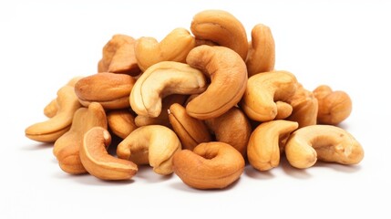 Fototapeta premium Roasted cashew nuts piled against a clean white background showcasing their rich texture and golden brown color