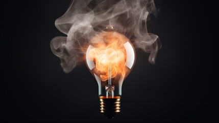 Electric light bulb emitting smoke with a fiery glow captured in a dark studio environment showcasing drama and illumination.