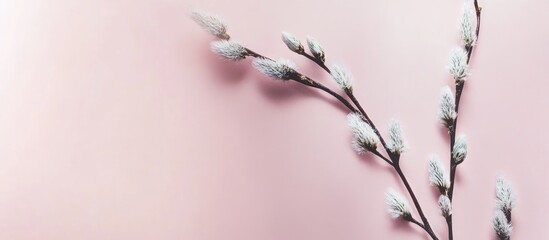 Elegant greeting card mockup with pussy willow branch on soft pink background Empty space for personalized message or design