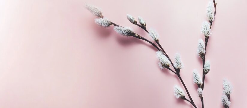 Elegant greeting card mockup with pussy willow branch on soft pink background Empty space for personalized message or design