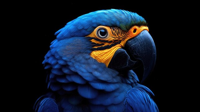 Hyacinth Macaw close-up portrait showcasing vibrant blue feathers and striking facial features on a solid black background