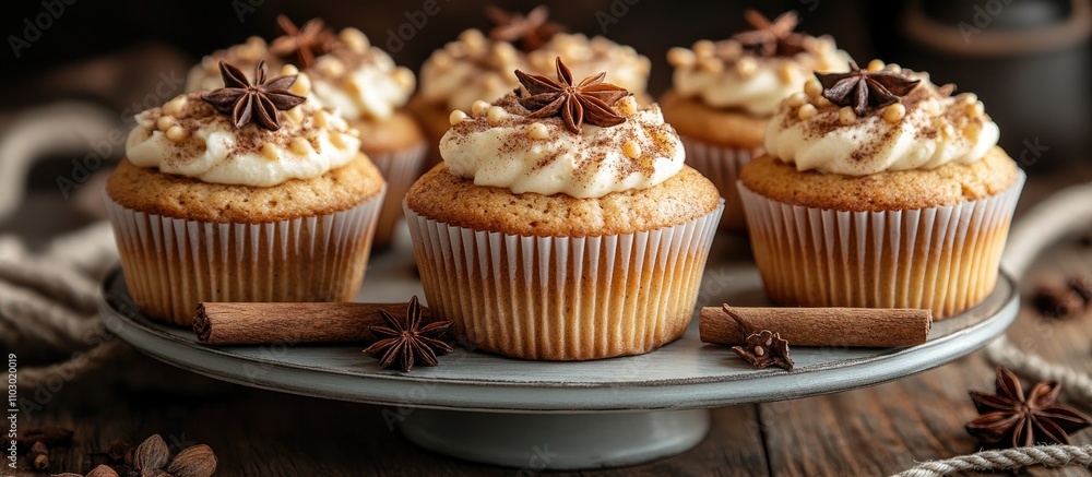 Aufkleber cinnamon banana muffins adorned with anise stars displayed on a vintage stand against a rustic woode