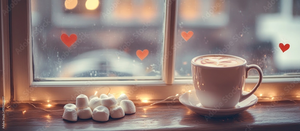 Poster cozy coffee cup with meringues and marshmallows illuminated by fairy lights on a wooden windowsill c