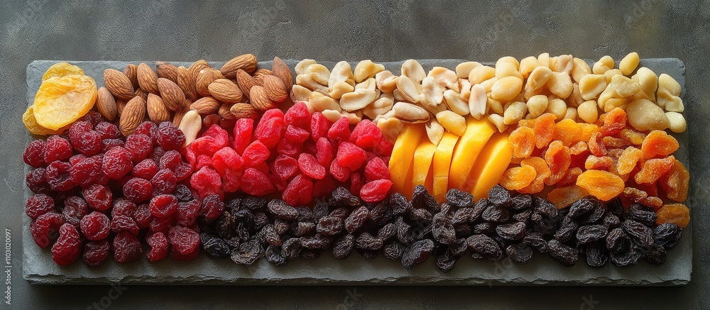Aufkleber colorful assortment of dried fruits and nuts on a dark slate platter with a variety of textures and 