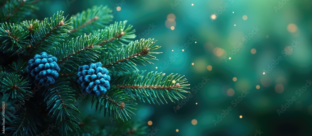 Poster Christmas tree branch with pinecones and soft bokeh background creating a festive atmosphere of the holiday season