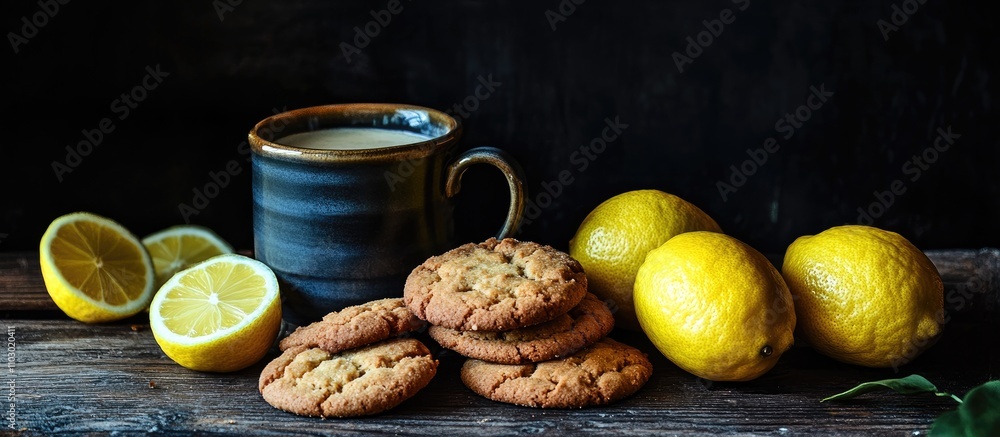 Poster Cookies and lemons beside a mug on a wooden table creating a warm and inviting rustic setup with a dark background