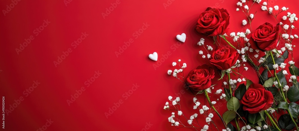 Poster romantic border of red roses and white hearts on a vibrant red background with space for text ideal 