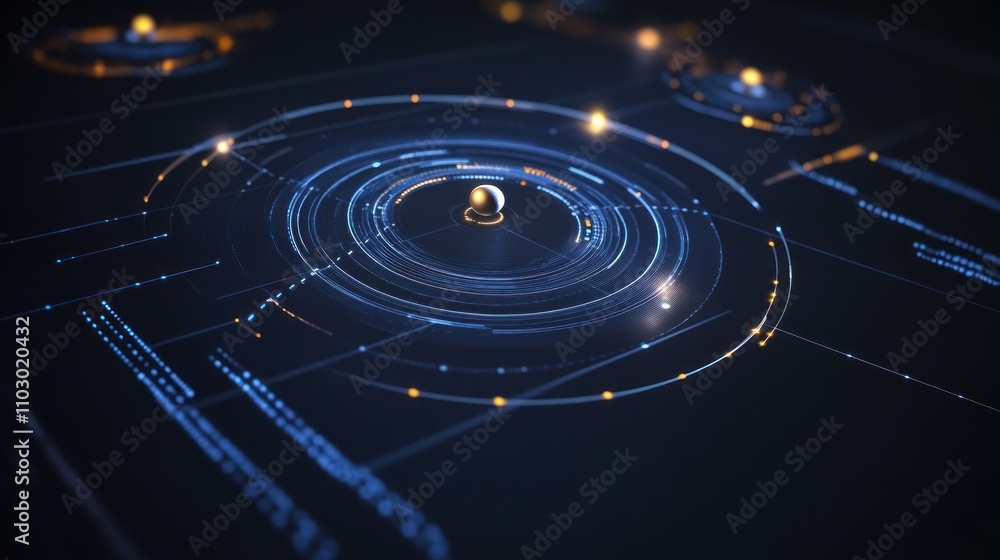 Poster Abstract futuristic technology interface with glowing circles and data streams.