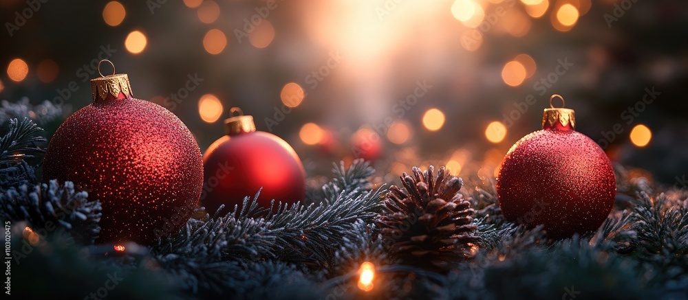 Poster festive red christmas ornaments and pinecones illuminated by warm lights in a dark setting creating 