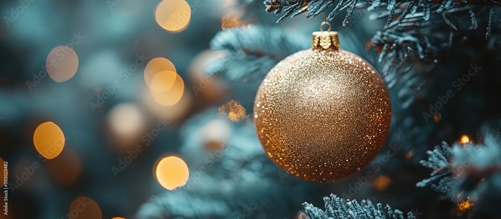 Aufkleber golden ornament hanging on a christmas tree with blurred festive lights in the background creating a