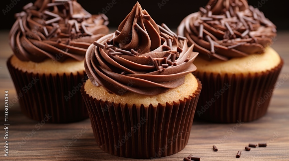 Aufkleber chocolate frosted vanilla cupcakes topped with chocolate sprinkles on a rustic wooden surface perfec