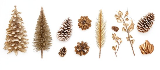 Naklejka premium Elegant Christmas tree decorations in gold and natural hues on a clean white background showcasing festive seasonal elements.