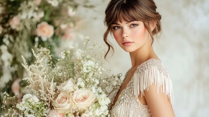 Vintage Glamour: Art Deco-Inspired Wedding Dress with Beaded Fringe and Fitted Silhouette