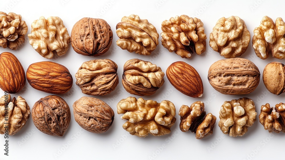 Poster variety of nuts including walnuts almonds and hazelnuts arranged on a white background for healthy f