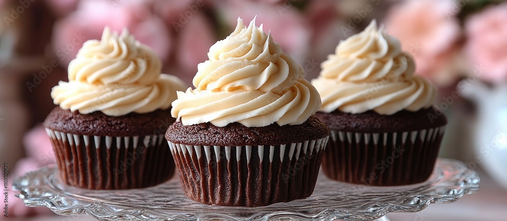 Poster chocolate cupcakes with creamy swirled frosting displayed on a glass tray against a vibrant colorful