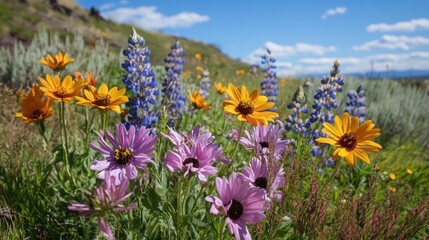 Close-up of vibrant blooming flowers in various colors, including purple, orange, and blue, against a sunny hillside backdrop with green foliage.