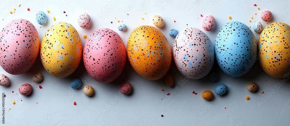 Poster colorful speckled easter eggs arranged on a white background with space for text celebrating spring 