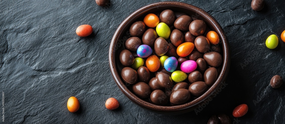 Aufkleber Chocolate Easter eggs and colorful candies in a bowl on dark stone surface festive flat lay with space for personalized text or message