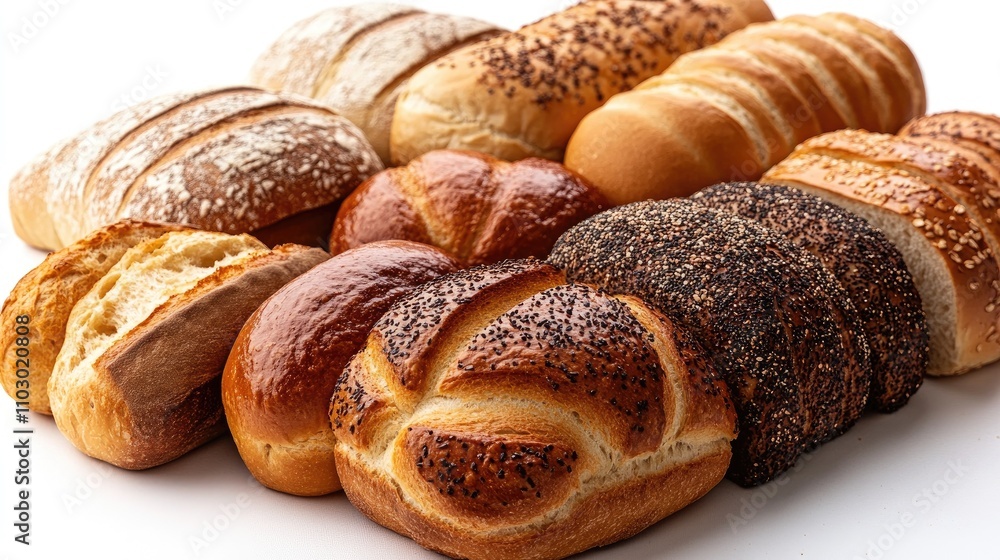 Aufkleber Assorted fresh breads displayed on a white backdrop highlighting different textures and types for bakery or culinary themes