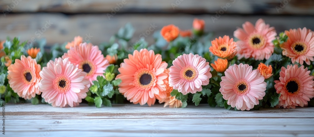 Poster vibrant bouquet of peach gerbera daisies and greenery arranged on a rustic wooden table backdrop