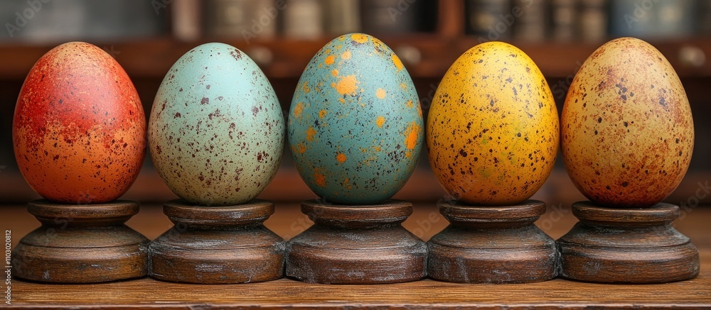 Poster colorful vintage easter eggs arranged on wooden stands with a rustic background creating a festive s