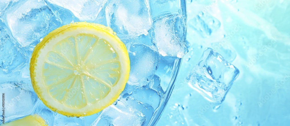 Aufkleber refreshing cocktail with ice and lemon slice on vibrant blue background inviting summer vibes and re