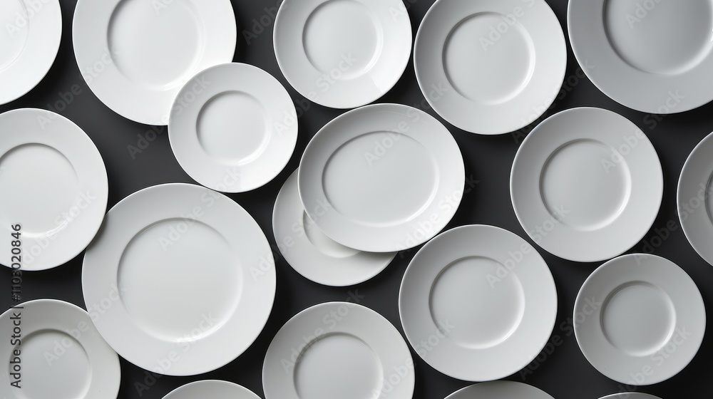 Aufkleber aerial view of white ceramic plates arranged on a black background showcasing minimalist design and 