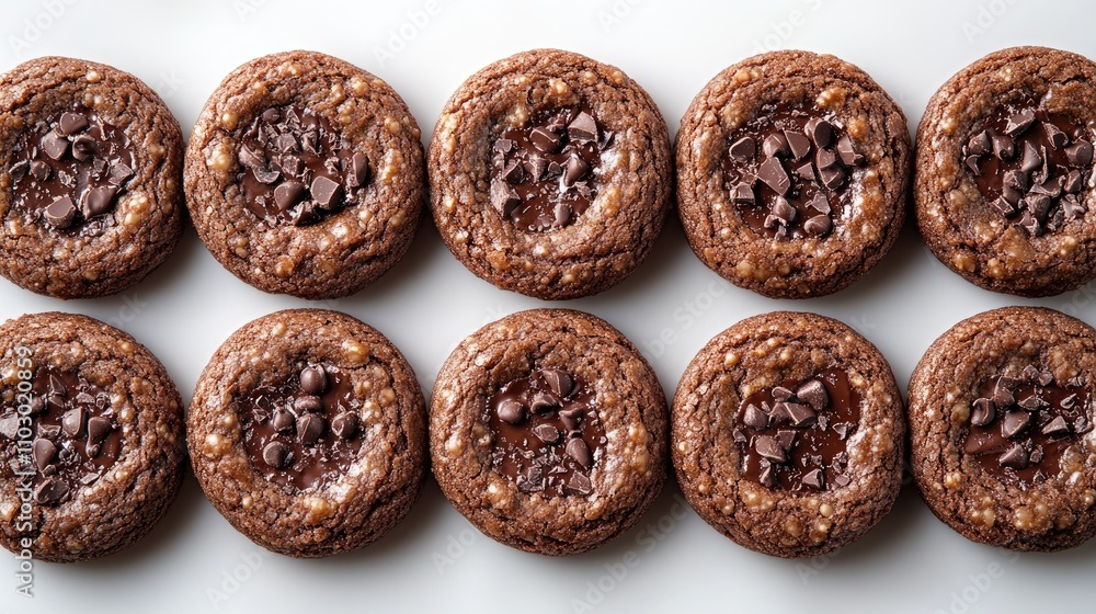 Aufkleber Chocolate chip cookies arranged in a neat row atop a simple white surface showcasing their rich texture and inviting appearance.
