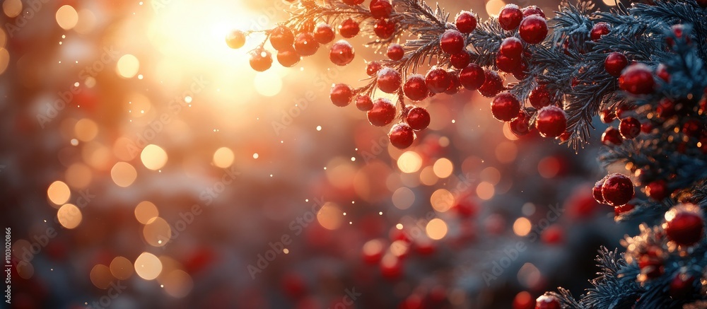 Aufkleber Festive tree fragment decorated with garlands and red ornaments shimmering in warm sunlight creating a joyful holiday atmosphere