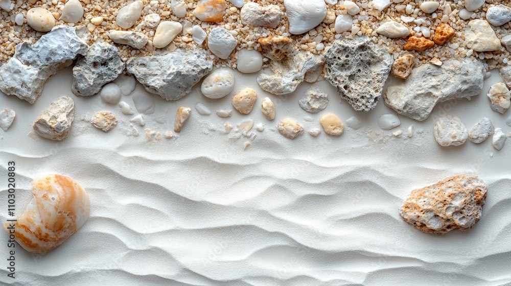 Poster coastal beach sand and pebbles arrangement on a white backdrop creating a natural textured backgroun