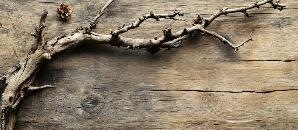 Poster rustic wooden background with tree branch and pine cone for christmas themed designs and creative pr