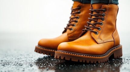 Stylish women's demi season high boots in tan leather with rugged soles displayed on a reflective surface against a neutral backdrop
