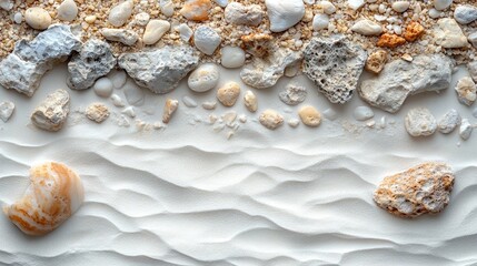 Coastal beach sand and pebbles arrangement on a white backdrop creating a natural textured background for creative projects
