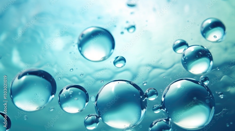 Poster crystal clear water bubbles background with a soft focus in vibrant blue tones, creating a refreshin